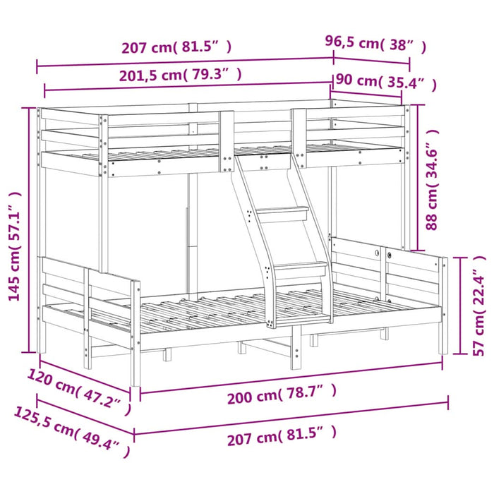 Pat supraetajat 90x200/120x200 cm maro ceruit lemn masiv de pin - WALTI WALTI