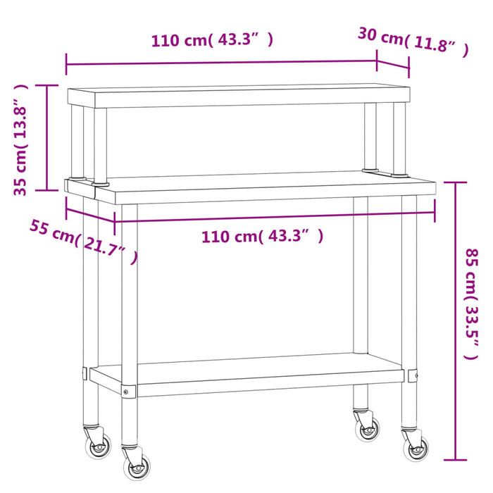 Masă bucătărie cu raft superior, 110x55x120 cm, oțel inoxidabil - WALTI WALTI