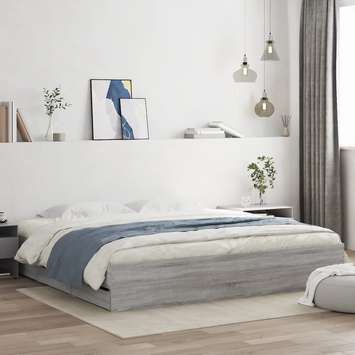 Cadru de pat cu sertare gri sonoma 200x200 cm lemn prelucrat - WALTI WALTI
