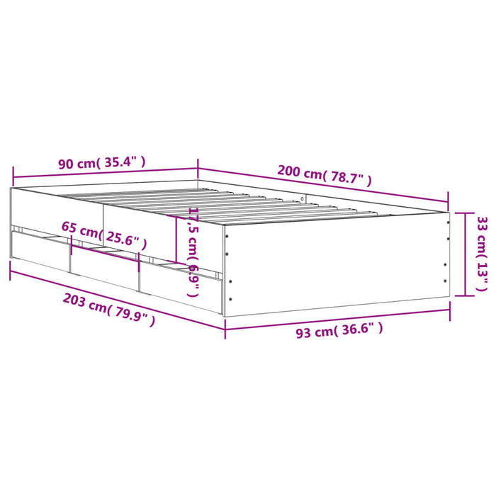 Cadru de pat cu sertare, negru, 90x200 cm, lemn prelucrat WALTI