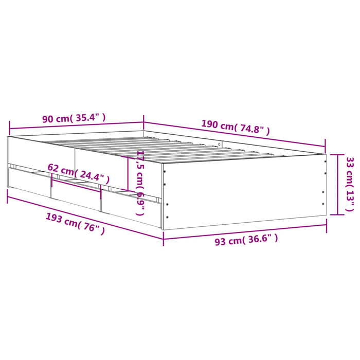 Cadru de pat cu sertare stejar fumuriu 90x190 cm lemn prelucrat - WALTI WALTI