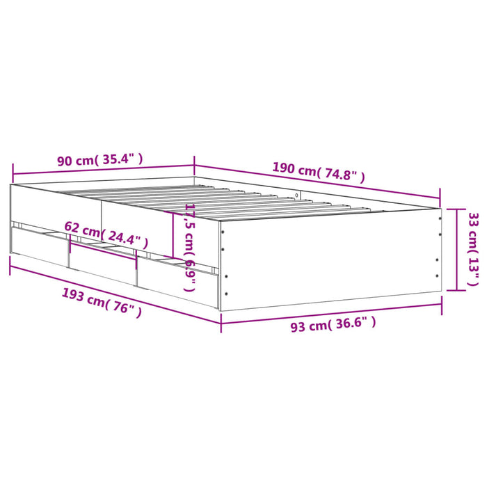 Cadru de pat cu sertare gri sonoma 90x190 cm lemn prelucrat WALTI