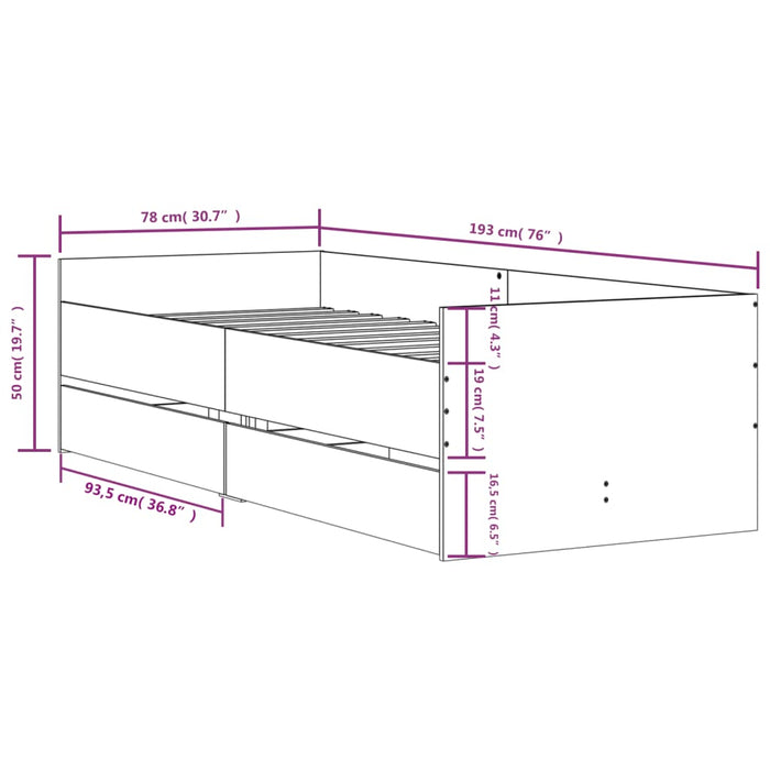 Cadru pat cu sertare, stejar sonoma, 75x190 cm, mic single WALTI