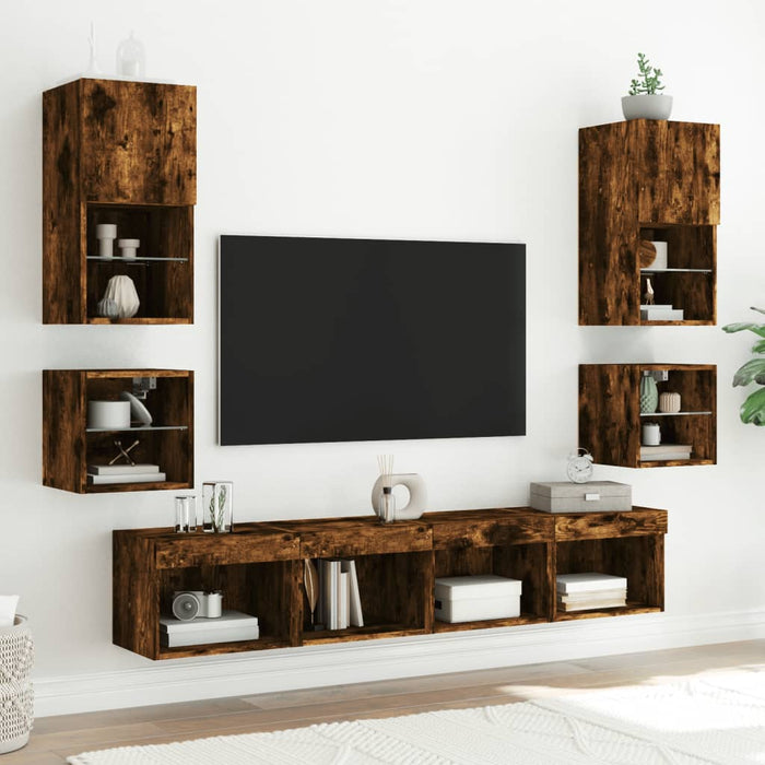Comode TV cu lumini LED, 2 buc., stejar fumuriu, 30x28,5x30 cm - WALTI WALTI