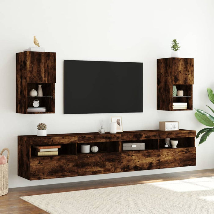 Comode TV cu lumini LED, 2 buc., stejar fumuriu, 30,5x30x60 cm - WALTI WALTI