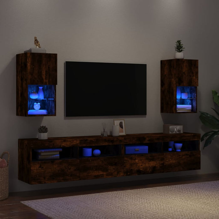 Comode TV cu lumini LED, 2 buc., stejar fumuriu, 30,5x30x60 cm - WALTI WALTI