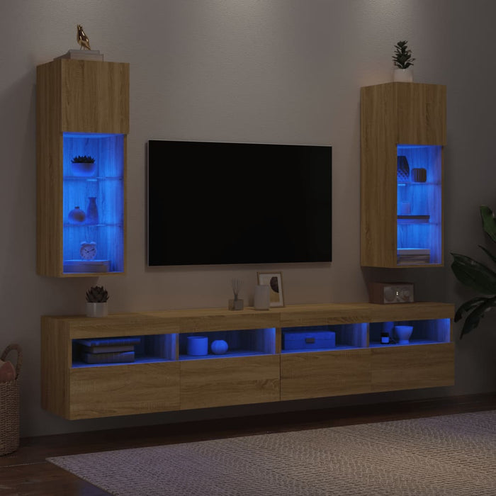 Comode TV cu lumini LED, 2 buc., stejar sonoma, 30,5x30x90 cm - WALTI WALTI
