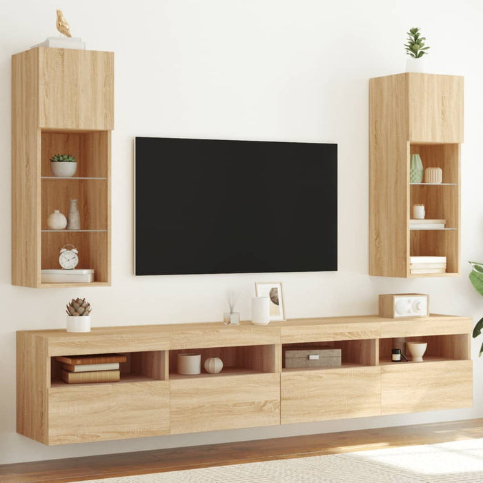 Comode TV cu lumini LED, 2 buc., stejar sonoma, 30,5x30x90 cm - WALTI WALTI