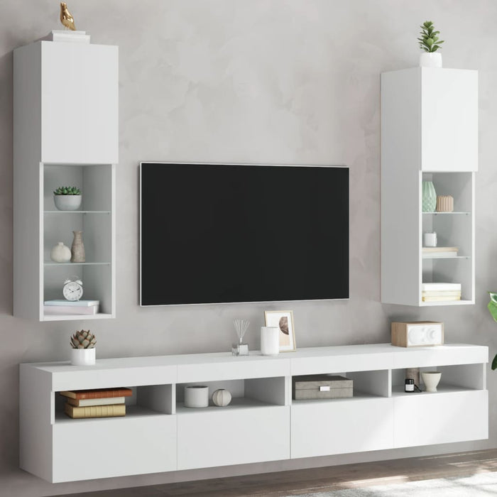 Comode TV cu lumini LED, 2 buc., alb, 30,5x30x102 cm - WALTI WALTI