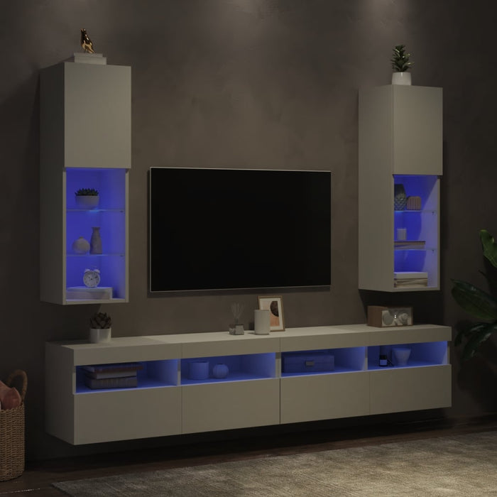 Comode TV cu lumini LED, 2 buc., alb, 30,5x30x102 cm - WALTI WALTI