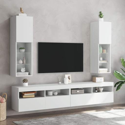 Comode TV cu lumini LED, 2 buc., alb, 30,5x30x102 cm - WALTI WALTI