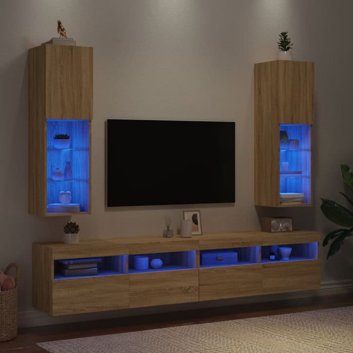 Comode TV cu lumini LED, 2 buc., stejar sonoma, 30,5x30x102 cm - WALTI WALTI