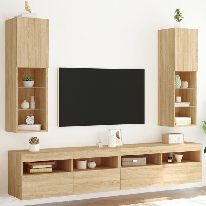 Comode TV cu lumini LED, 2 buc., stejar sonoma, 30,5x30x102 cm - WALTI WALTI