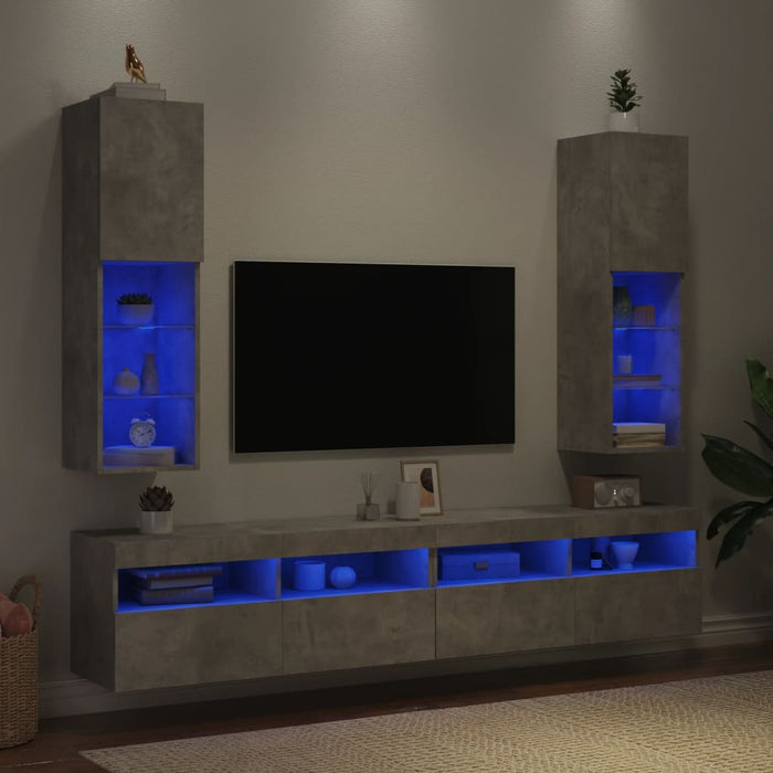 Comode TV cu lumini LED, 2 buc., gri beton, 30,5x30x102 cm - WALTI WALTI