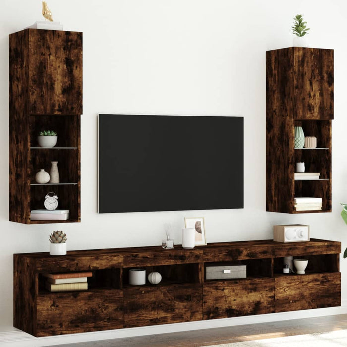 Comode TV cu lumini LED, 2 buc., stejar fumuriu, 30,5x30x102 cm - WALTI WALTI