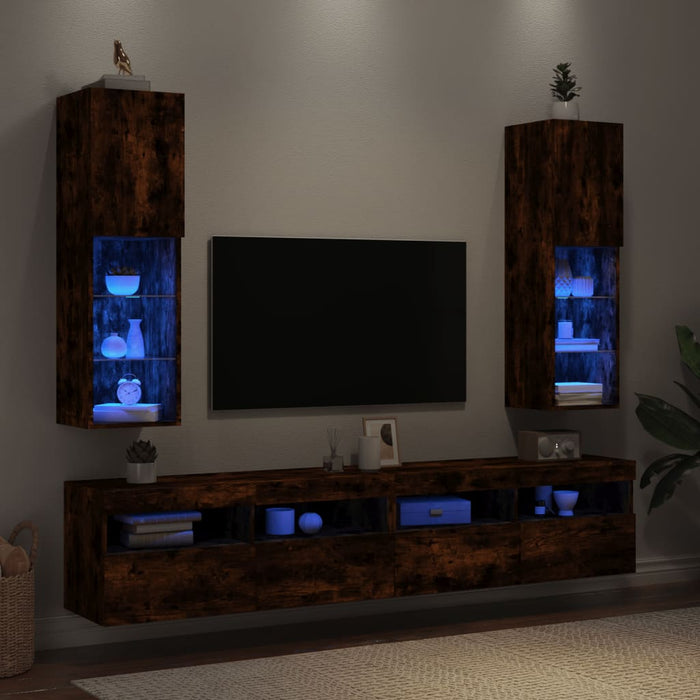 Comode TV cu lumini LED, 2 buc., stejar fumuriu, 30,5x30x102 cm - WALTI WALTI