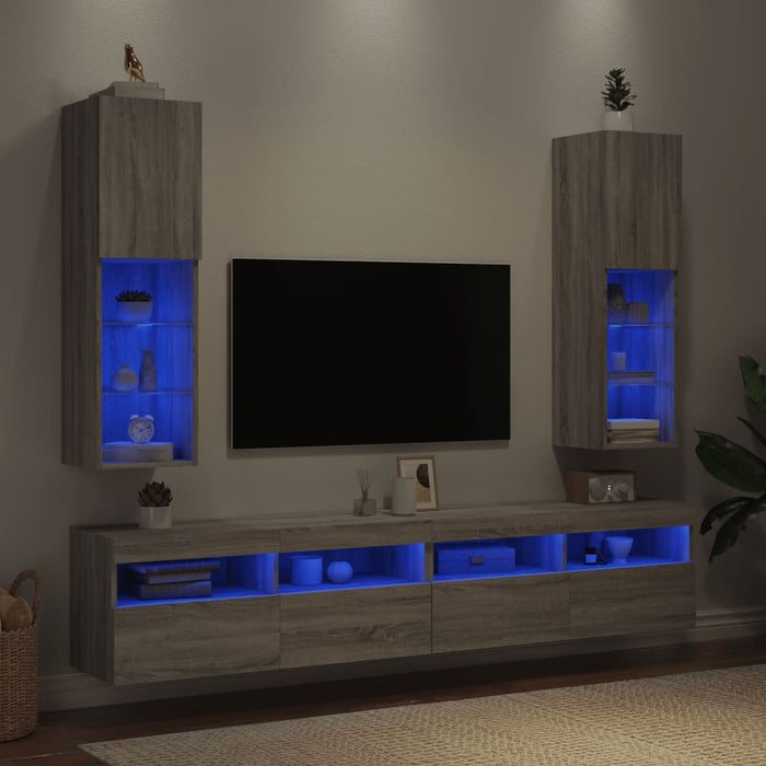 Comode TV cu lumini LED, 2 buc., gri sonoma, 30,5x30x102 cm - WALTI WALTI