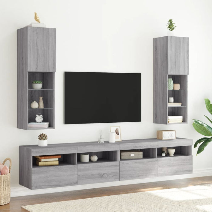 Comode TV cu lumini LED, 2 buc., gri sonoma, 30,5x30x102 cm - WALTI WALTI