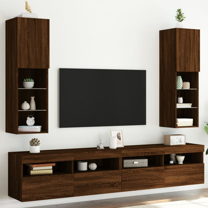 Comode TV cu lumini LED, 2 buc., stejar maro, 30,5x30x102 cm WALTI
