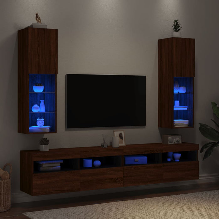 Comode TV cu lumini LED, 2 buc., stejar maro, 30,5x30x102 cm WALTI