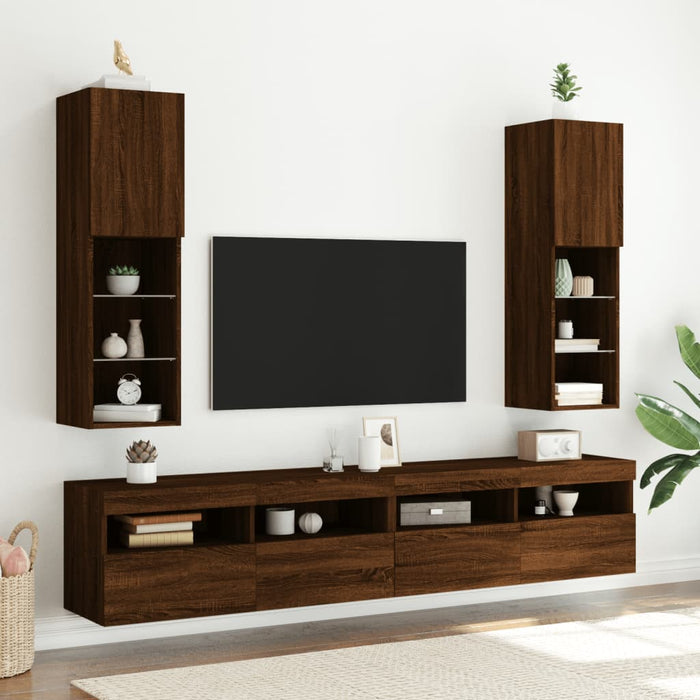 Comode TV cu lumini LED, 2 buc., stejar maro, 30,5x30x102 cm WALTI