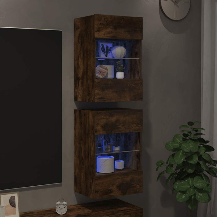 Comode de perete cu lumini LED pentru TV, 2 buc. stejar fumuriu, 40x30x60,5cm - WALTI WALTI