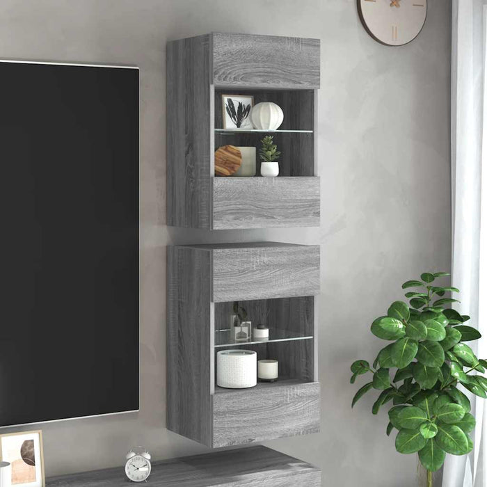 Comode de perete cu lumini LED pentru TV, 2 buc, gri sonoma, 40x30x60,5 cm - WALTI WALTI