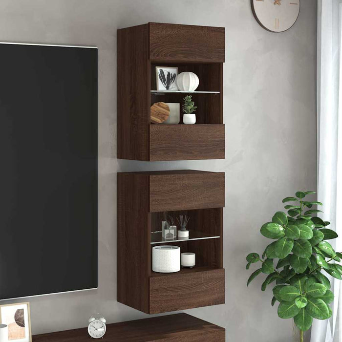 Comode de perete cu lumini LED pentru TV, 2 buc. stejar maro, 40x30x60,5cm - WALTI WALTI