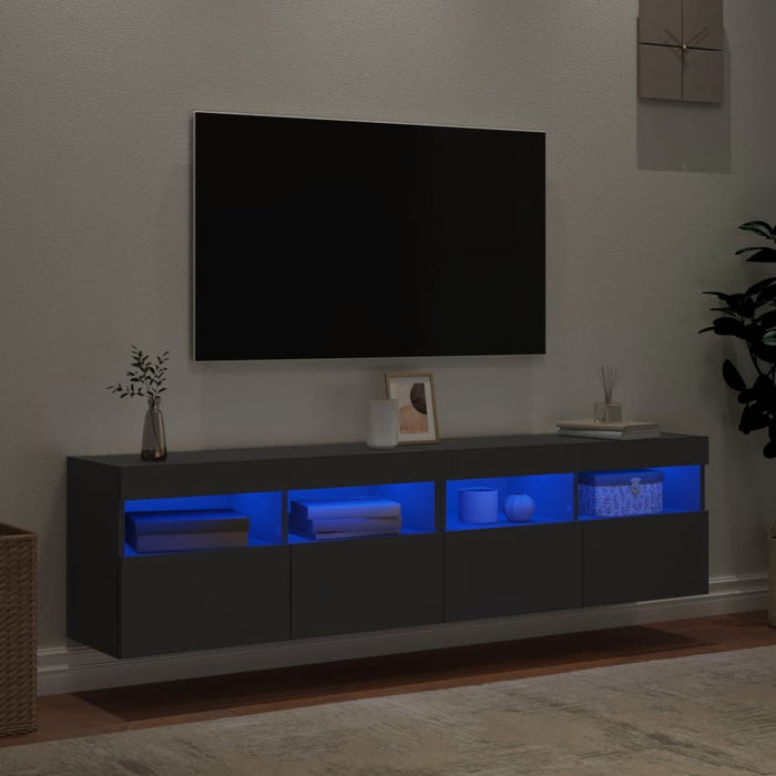 Comode TV de perete cu lumini LED, 2 buc., negru, 80x30x40 cm WALTI