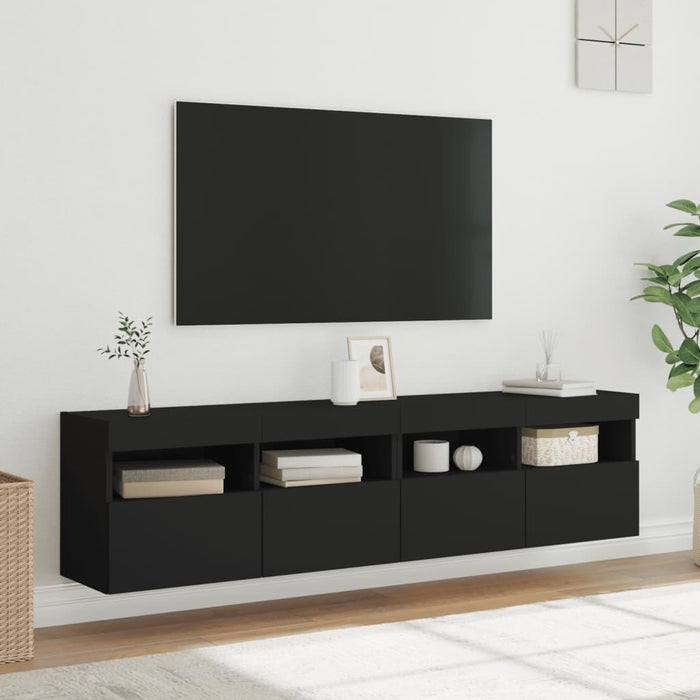 Comode TV de perete cu lumini LED, 2 buc., negru, 80x30x40 cm WALTI