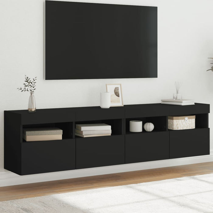 Comode TV de perete cu lumini LED, 2 buc., negru, 80x30x40 cm WALTI