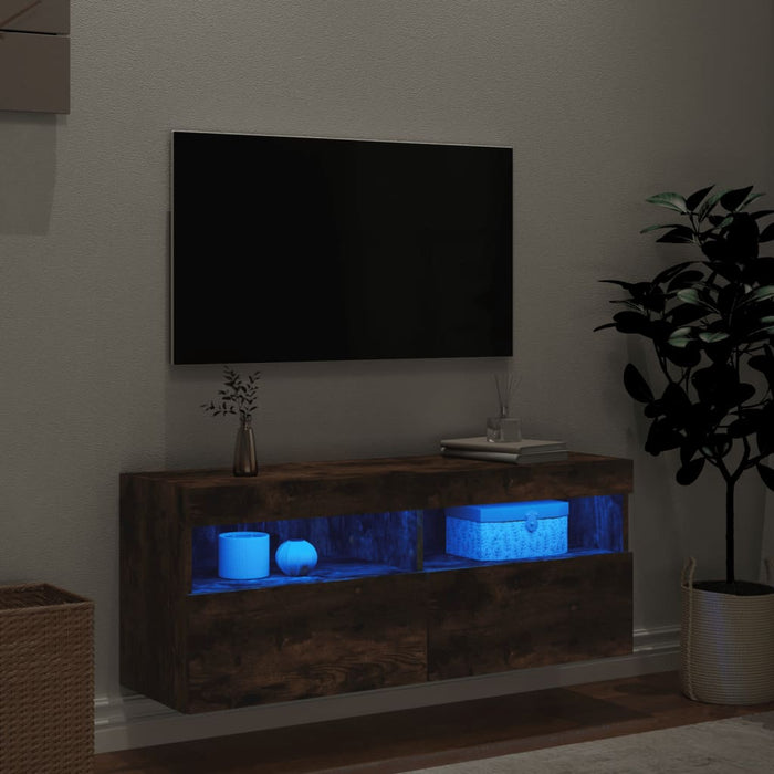 Comodă TV de perete cu lumini LED, stejar fumuriu, 100x30x40 cm WALTI