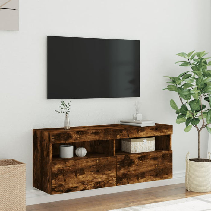 Comodă TV de perete cu lumini LED, stejar fumuriu, 100x30x40 cm WALTI