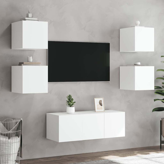 Comode TV de perete cu lumini LED, 2 buc., alb, 30,5x35x30 cm - WALTI WALTI