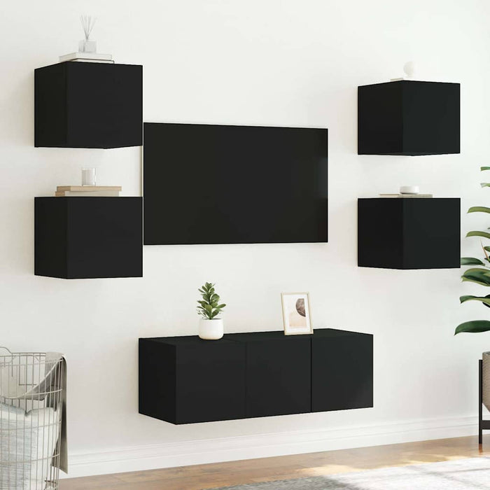 Comode TV de perete cu lumini LED, 2 buc., negru, 30,5x35x30 cm - WALTI WALTI