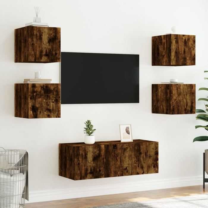 Comodă TV de perete cu LED, 2 buc. stejar fumuriu, 30,5x35x30cm WALTI