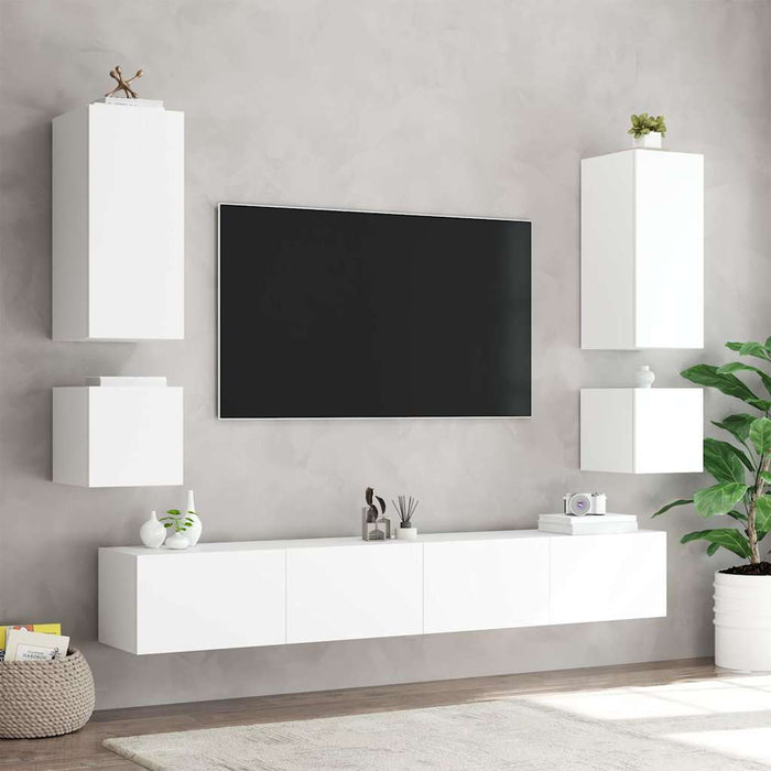 Comode TV de perete cu lumini LED, 2 buc., alb, 40,5x35x40 cm - WALTI WALTI