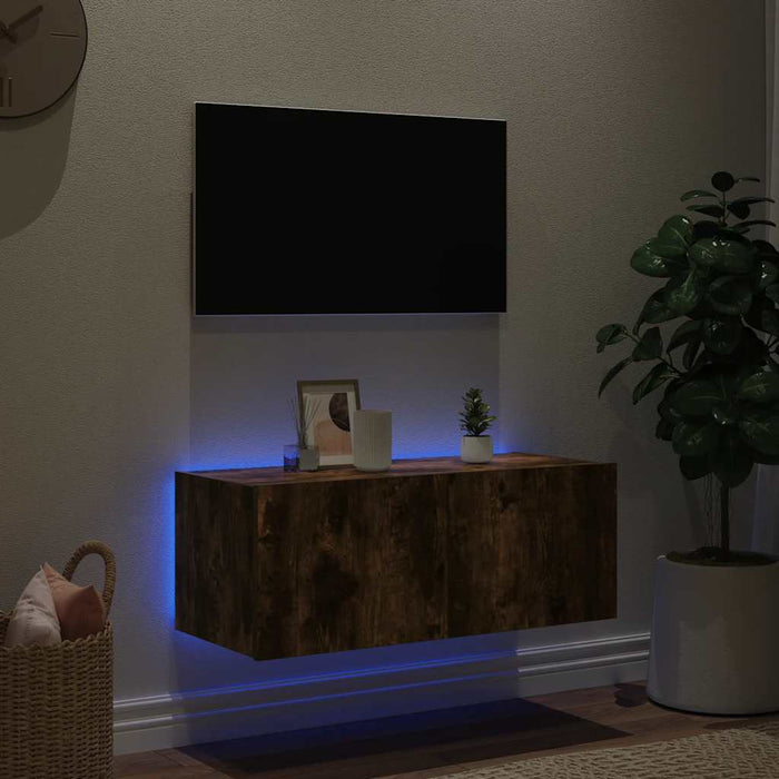 Comodă TV de perete cu lumini LED, stejar fumuriu, 80x35x31 cm - WALTI WALTI