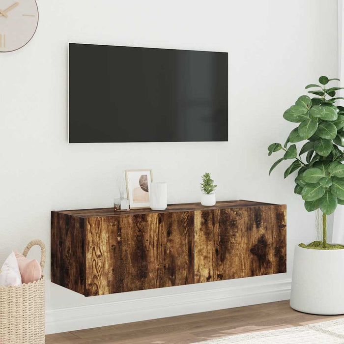 Comodă TV de perete cu lumini LED, stejar fumuriu, 100x35x31 cm - WALTI WALTI