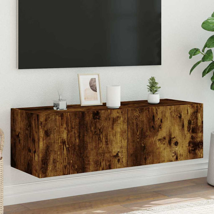 Comodă TV de perete cu lumini LED, stejar fumuriu, 100x35x31 cm - WALTI WALTI