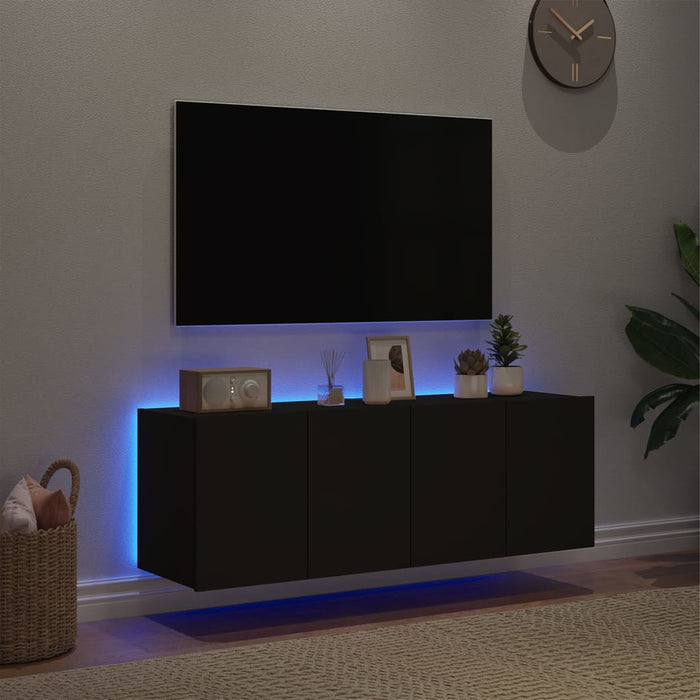 Comode TV de perete cu lumini LED, 2 buc., negru, 60x35x41 cm WALTI