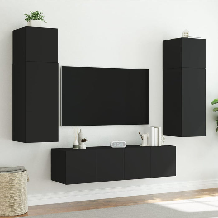 Comode TV de perete cu lumini LED, 2 buc., negru, 60x35x41 cm WALTI