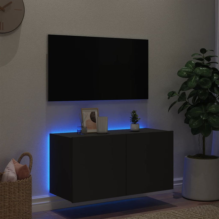Comodă TV de perete cu lumini LED, negru, 80x35x41 cm WALTI