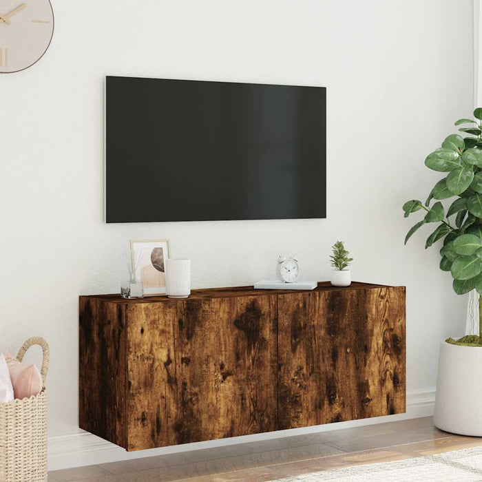 Comodă TV de perete cu lumini LED, stejar fumuriu, 100x35x41 cm - WALTI WALTI