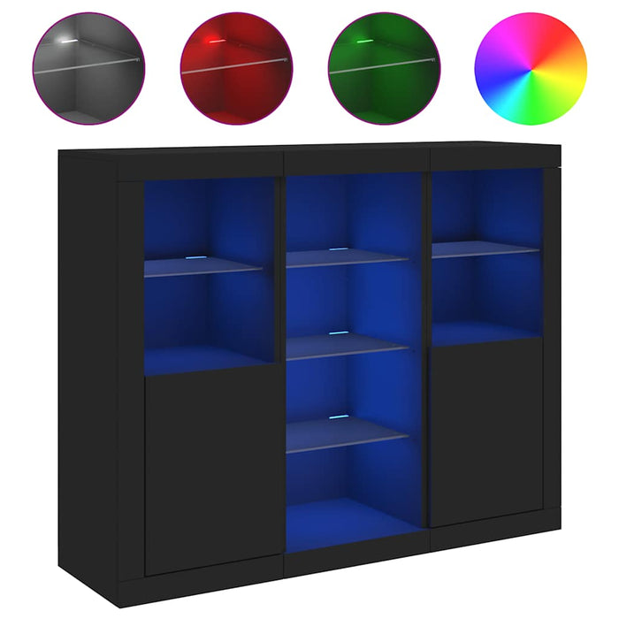 Servantă cu lumini LED, 3 buc., negru, lemn prelucrat WALTI