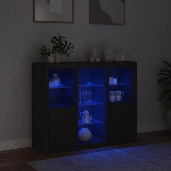 Servantă cu lumini LED, 3 buc., negru, lemn prelucrat WALTI