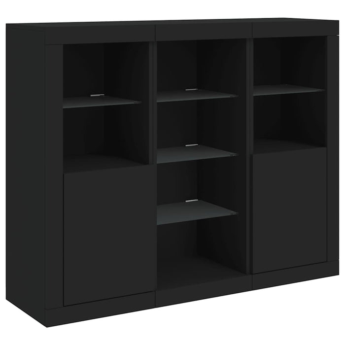 Servantă cu lumini LED, 3 buc., negru, lemn prelucrat WALTI