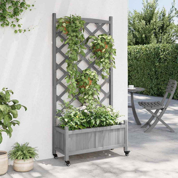 Jardinieră cu spalier și roți, gri, lemn masiv de brad - WALTI WALTI