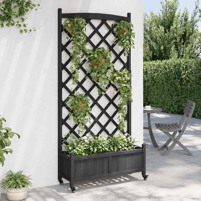 Jardinieră cu spalier și roți, negru, lemn masiv de brad - WALTI WALTI