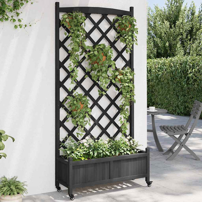Jardinieră cu spalier și roți, negru, lemn masiv de brad - WALTI WALTI